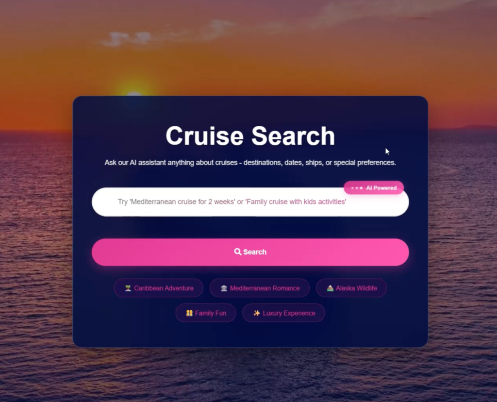 Screenshor of AIVA, with Cruise serch box that shows natural language processing capability