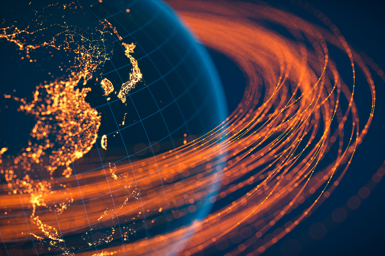 Global travel network data visualization representing international transactions in travel agency accounting software.