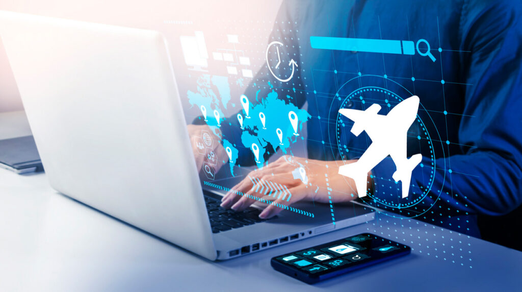 Travel website development concept with laptop user and digital airplane and map graphics for online booking