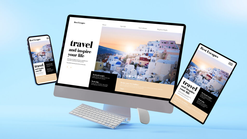 Travel website design mockup showing responsive layout on computer, tablet, and mobile devices
